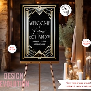 TRY DEMO FIRST -  Size 24 x 36 Art Deco Roaring 20s 1920s Great Gatsby Harlem Nights Black & Gold Metallic Welcome Sign