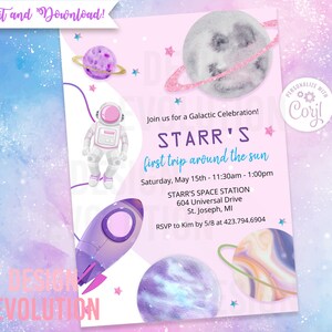 TRY DEMO FIRST - Astronaut First Trip Around the Sun Rocket Outer Space Blast Off Out of this World 1st Birthday Two the Moon Invitation