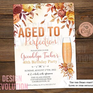 TRY DEMO FIRST - Aged to Perfection Wine Birthday Wine Tasting Wine Country Vineyard Wine Glass Floral Chalk Chalkboard Invitation