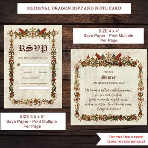 TRY DEMO FIRST - Size 4 x 4 Medieval Renaissance Middle Ages Dragon Knight Renfaire Notecard Notecards Flatcard