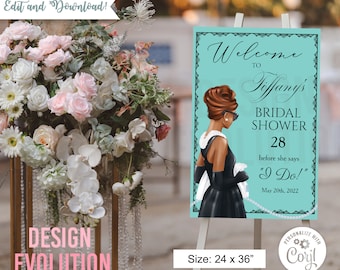 TRY DEMO FIRST - Size: 24x 36 African American Breakfast at Little Black Dress Theme Bride and Co Bridal Shower Welcome Sign Poster