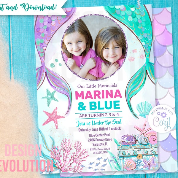 TRY DEMO FIRST - Mermaid Under the Sea Twin Dual Double Sibling Birthday Pool Party Mer Party Photo Watercolor Girl Birthday Invitation