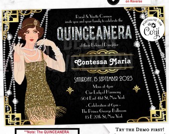 Art Deco Quinceanera Invitation – Roaring 20s, Editable Template (Digital Download)