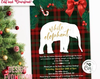 May include: A red and green plaid background with a white silhouette of an elephant. The text "white elephant" is written in gold lettering. The invitation is for a Christmas party on December 24th at 5pm. The text "Please bring an interesting gift to exchange that is $15 or less" is also included.