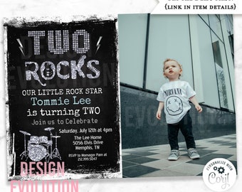 TRY DEMO FIRST - Two Rocks Rockstar Rock n Roll Drum set 2nd Birthday Photo Silver Glitter Birthday Invitation