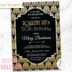 TRY DEMO FIRST - Art Deco Great Gatsby Harlem Nights Cotton Club Jazz Age 1920s Roaring 20's Speakeasy Black and Gold Birthday Invitation