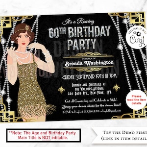 TRY DEMO FIRST - 60th Birthday Art Deco Great Gatsby Flapper Girl Cotton Club Jazz Age 1920s Roaring 20&#39;s Speakeasy Birthday Invitation