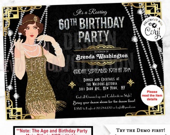 Art Deco 60th Birthday Invitation: Roaring 20s Flapper (Digital)