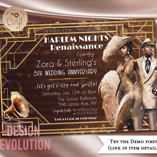 TRY THE DEMO - Any Event African American Harlem Nights Jazz Age Renaissance Great Gatsby 1920s 1930s Roaring 20's Speakeasy Invitation
