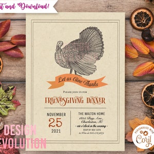 TRY DEMO FIRST - Vintage Turkey Thanksgiving Friendsgiving Invitation