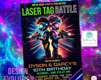 Laser Tag Birthday Invitation: Neon Glow Party, Sibling or Twin (Digital)