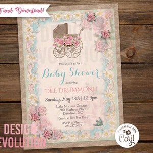 TRY DEMO FIRST - Vintage Victorian Antique 1800's Baby Carriage Pram Perambulators Wheeled Baby Carriage Stroller Baby Shower Invitation