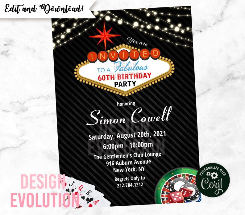 TRY DEMO FIRST Las Vegas Casino Royale Poker Night Birthday Retirement Invitation