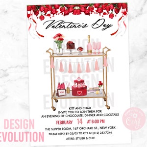 TRY DEMO FIRST - Valentine's Day Brunch Dinner Valentines Day Valentine Bar Cart Love Heart Chocolate Floral Roses Pink and Red Invitation
