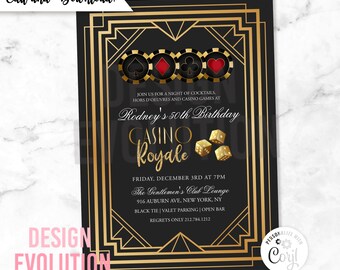 TRY DEMO FIRST -  Las Vegas Casino Royale Poker Night Deco Style Birthday Retirement Invitation