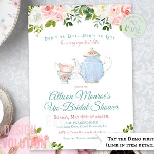TRY DEMO FIRST - Alice in Wonderland Vintage Teapot Mad Hatter Watercolor Floral Bridal Shower Baby Shower Birthday Invitation