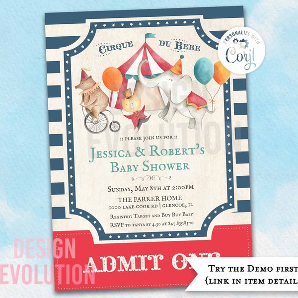 TRY DEMO FIRST -  Circus Baby Shower Cirque du Bebe Carnival Baby Shower Elephant Circus Animals Under the Big Top Invitation