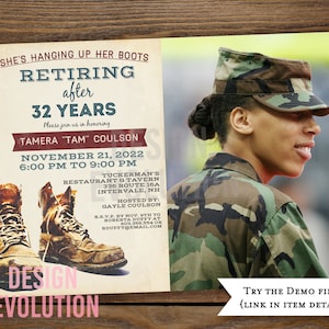 May include: A retirement party invitation with a photo of a woman in military uniform. The invitation is for Tamera "Tam" Coulson, who is retiring after 32 years. The party will be held on November 21, 2022, from 6:00 PM to 9:00 PM at Tuckerman's Restaurant & Tavern in Intervale, NH.