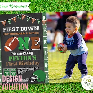 TRY DEMO FIRST - First Down Touchdown Football Sports Chalkboard First 1st Birthday Photo Invitation