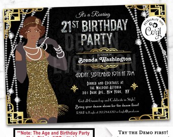 Harlem Nights 21st Birthday Invitation: Roaring 20s Flapper (Digital Download)