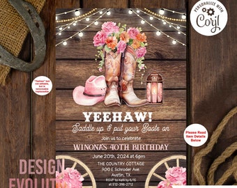 Cowgirl Boots Birthday Invitation: Western Floral, Any Event (Digital Download)