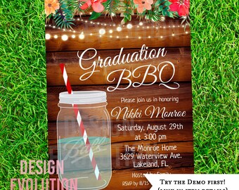 TRY DEMO FIRST - Graduation Bbq Cookout Blue Mason Jar Floral String Lights Invitation