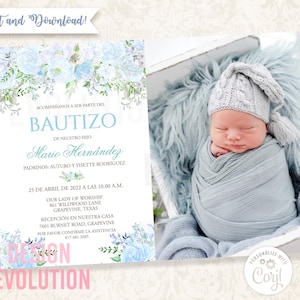 TRY DEMO FIRST - Bautizo de Hijo Nino De Bautizo Nino Baptism Christening Blue Floral Azul Flores Azules Invitacione Photo Foto Invitacione