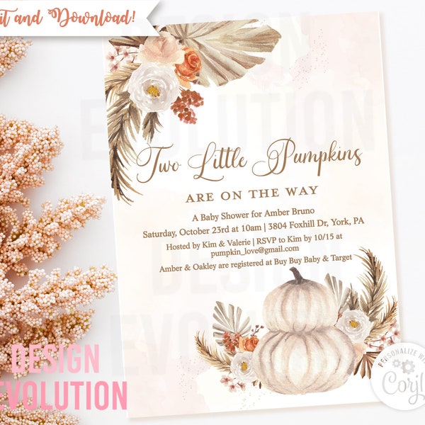TRY DEMO FIRST - Two Little Pumpkins Twin Pumpkins Fall Autumn Boho Bohemian Baby Shower Invitation