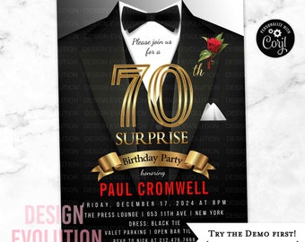 70th Birthday Invitation: Tuxedo, Bow Tie, Gold (Digital Download)