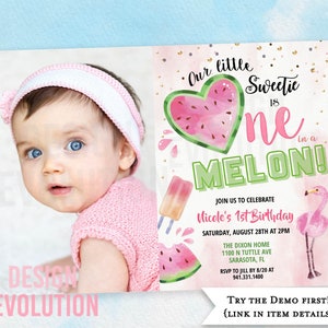 TRY DEMO FIRST - One in a Melon Watermelon Summer Watercolor Pink Little Sweetie Pool Cute First Birthday 1st Birthday Photo Invitation