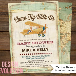 TRY DEMO FIRST - Come Fly With Us Vintage Airplane Travel Baby Shower Couples Shower Invitation