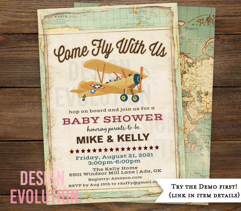 TRY DEMO FIRST Come Fly With Us Vintage Airplane Travel Baby Shower Couples Shower Invitation