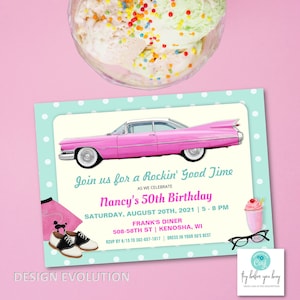 TRY DEMO FIRST - Retro Diner Classic Car Retro Vintage 1950s 50th 60th 70th 80th Automobile 50s Party 1955 Pink Cadillac Birthday Invitation