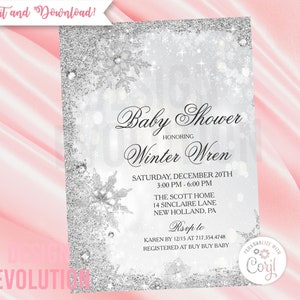 TRY DEMO FIRST - Winter Wonderland Silver Snowflake Glitter Frame Baby Shower Invitation