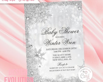 TRY DEMO FIRST - Winter Wonderland Silver Snowflake Glitter Frame Baby Shower Invitation