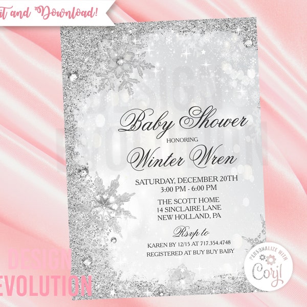 TRY DEMO FIRST - Winter Wonderland Silver Snowflake Glitter Frame Baby Shower Invitation