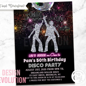 TRY DEMO FIRST - Disco Retro Adult 1970s 70s Disco Ball Studio 54 Glitter Birthday Invitation