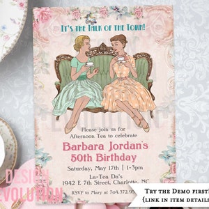 TRY DEMO FIRST - Any Event Retro Vintage Women's Birthday Bridal Shower Tea Party Afternoon Tea Hight Tea  Invitation