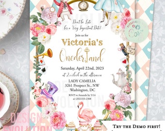 May include: A pink and blue Alice in Wonderland themed invitation for a child's first birthday party. The invitation features a whimsical illustration of Alice, the White Rabbit, and other characters from the story. The text on the invitation reads "Don't be Late for a Very Important Date! Join us for Victoria's Onederland. Saturday, April 22nd, 2023 at 2 o'clock in the afternoon. Lady Camelia 3261 Prospect St., NW Washington, DC RSVP to Amanda by 5/14 at (202)333-2308."