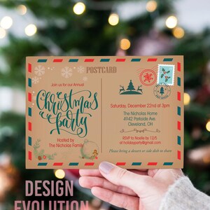 TRY DEMO FIRST - Christmas Holiday Party Brown Rustic Postcard Invitation Ticket Xmas White Green and Red Classic Holiday Invite Invitation