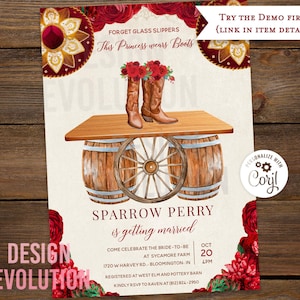 TRY DEMO FIRST - Any Event Western Rustic Country Wild Wild West Western Floral Roses Bridal Shower Sweet 16 Quinceanera Birthday Invitation