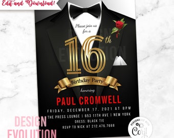 16th Birthday Invitation: Tuxedo, Bow Tie, Gold (Digital Download)