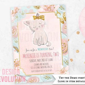 TRY DEMO FIRST - Kitten Cat Pink Cute Are You Kitten Me Kitty Girl Birthday Glitter Birthday Animals Birthday Invitation