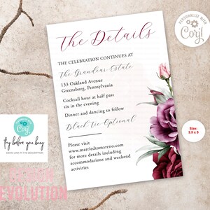 Try Demo First - Size: 3.5 x 5 Fall Burgundy Merlot Floral Watercolor Wedding Enclosure Insert Card Wedding Details Wedding Reception Card