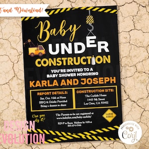 TRY DEMO FIRST - Baby Under Construction Trucks Builder Baby Shower Invitation