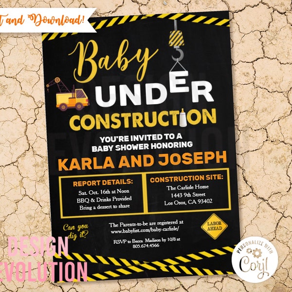 TRY DEMO FIRST - Baby Under Construction Trucks Builder Baby Shower Invitation