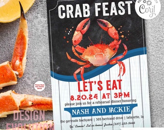 May include: A black and white invitation with a watercolor illustration of a red crab. The invitation reads "Crab Feast" and "Let's Eat 8.20.24 at 3PM" with the text "Please join us for a rehearsal dinner honoring Nash and Jackie" below. The invitation also includes the address "the gertrude backyard | 305 bertrand drive | lafayette, la" and the phone number "(337) 233-5446".