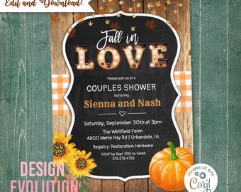 TRY DEMO FIRST - Fall in Love Falling in Love Autumn Pumpkin Sunflower Leaves  Rustic Couples Shower Bridal Shower Invitation