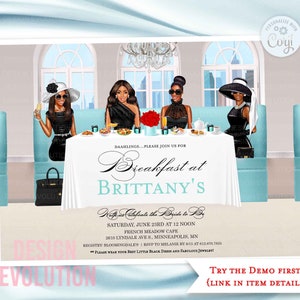 TRY DEMO FIRST - African American Breakfast at Little Black Dress Theme Bride and Co Bridal Shower Bachelorette Chandelier Bridal Invitation