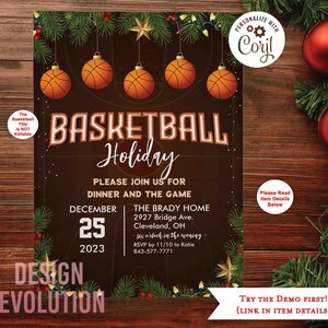 TRY DEMO FIRST - Basketball Holiday Christmas Themed Dinner Party Basketball Holiday Christmas Charity Basketball Greeting Card Invitation